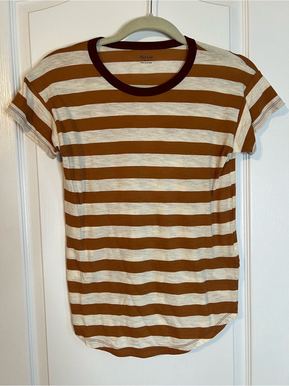 Madewell Cream & Brown Striped Short Sleeve Tee with Contrast Neck